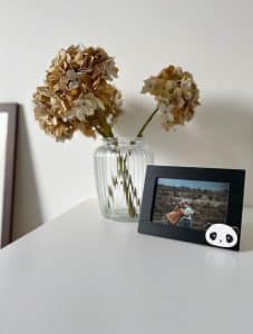 Zwart houten fotolijstje met panda geplaatst op een witte kast naast een glazen vaas met gedroogde hortensia's. Ingelijste kinderfoto toont hoe het lijstje in huiselijke sfeer tot zijn recht komt.